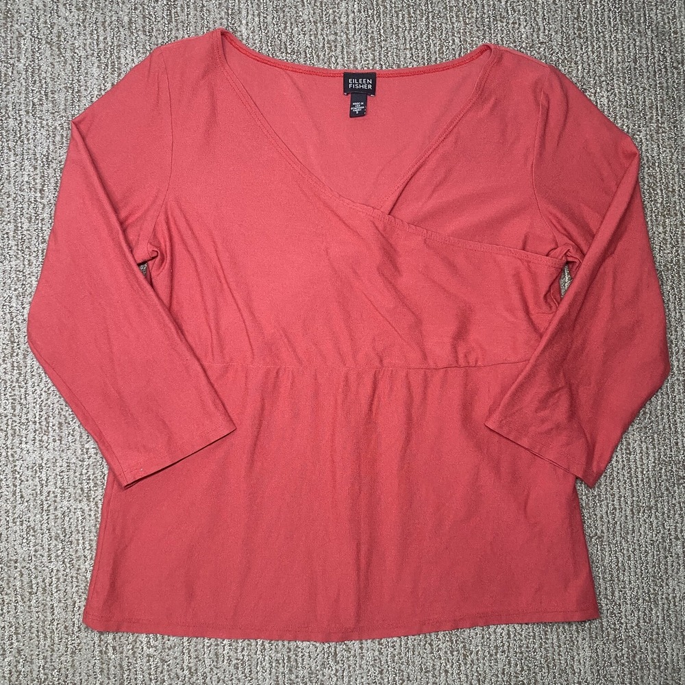 Eileen Fisher Womens S Wrap Shirt Peplum Long Sleeve V Neck Stretch Coral